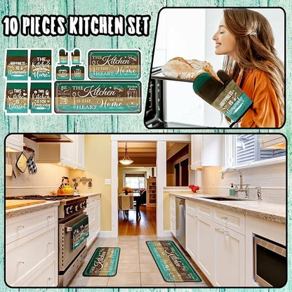 Fourluoo 10 Pcs Farmhouse Kitchen Decor and Accessories Set 4 Kitchen Towels 2 Pot Holders 2 Oven Mitts 2 Rugs for Cooking Baking Mom Housewarming Gifts(Green,Classic Style) - Image 2