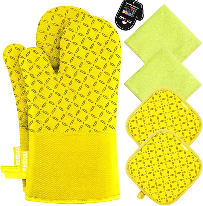 KEGOUU Oven Mitts and Pot Holders 6pcs Set, Kitchen Oven Glove High Heat Resistant 500 Degree Extra Long Oven Mitts and Potholder with Non-Slip Silicone Surface for Cooking (Yellow) by KEGOUUOvenMitt