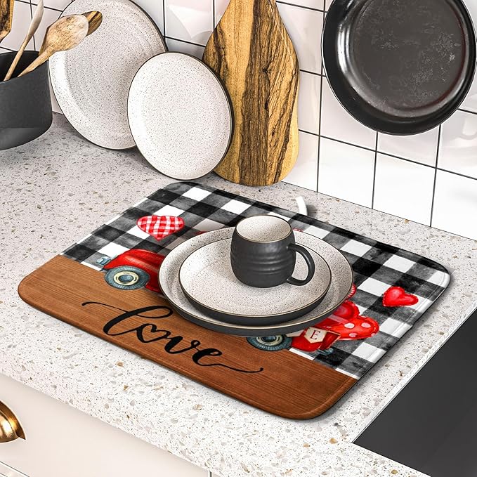 Valentine's Day Red Heart Truck Dish Drying Mat for Kitchen Counter,Black White Buffalo Plaid Love Drying Mat 16 x 18 Inch with Absorbent Reversible Microfiber Dish Drying Pad for Coffee Bar - Image 5