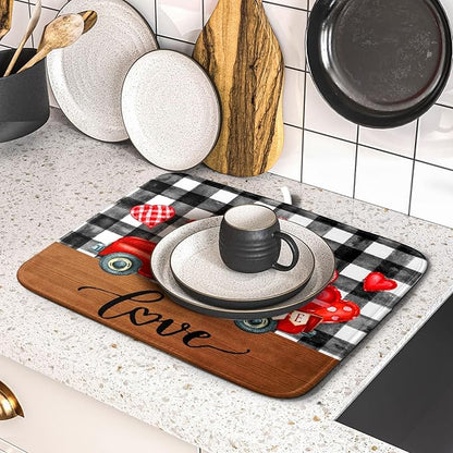 Valentine's Day Red Heart Truck Dish Drying Mat for Kitchen Counter,Black White Buffalo Plaid Love Drying Mat 16 x 18 Inch with Absorbent Reversible Microfiber Dish Drying Pad for Coffee Bar - Image 5