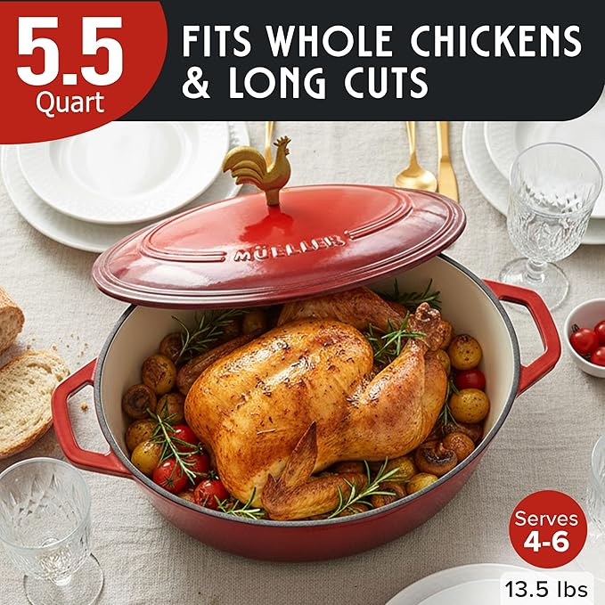 MUELLER HOME 5.5 Quart Enameled Cast Iron Oval Dutch Oven w Rooster Knob & Cotton Potholders, Heavy-Duty Cookware, Oven-Safe up to 500° F & Across All Cooktops, Gifts for Grandma & Women, Red - Image 3