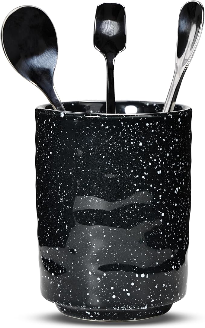 Ceramic Spoon Holder for Coffee Bar, Upright Tea Spoon Holder Cup, Coffee Stirrers Straws Stir Stick Holder, Black Starry Sky by U-TIMES