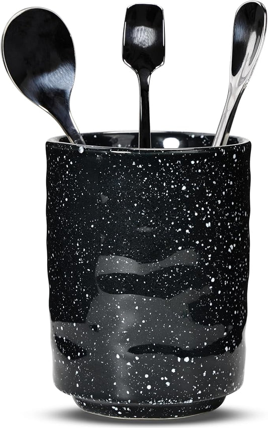Ceramic Spoon Holder for Coffee Bar, Upright Tea Spoon Holder Cup, Coffee Stirrers Straws Stir Stick Holder, Black Starry Sky by U-TIMES