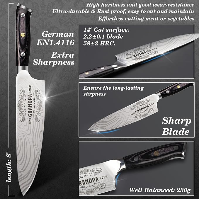 Funistree Best Grandpa Ever Gifts for Men Grandpa, Valentines Day for Grandpa Papa Gifts, 8 Inch German Professional Chef Knife, Men Grandpa Birthday Presents, Kitchen Cooking Knife Gift Set