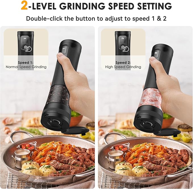 Electric Salt and Pepper Grinder Set, Upgrade 2-Speed Setting, External 5 Adjustable Coarseness, Rechargeable Automatic Salt & Pepper Shakers Mill with Battery Display, Storage Base & Led Light, Black - Image 4