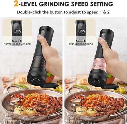 Electric Salt and Pepper Grinder Set, Upgrade 2-Speed Setting, External 5 Adjustable Coarseness, Rechargeable Automatic Salt & Pepper Shakers Mill with Battery Display, Storage Base & Led Light, Black - Image 4