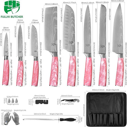 FULLHI 15pcs Japanese Knife Set with Magnetic Knife Block Holder, Japan Stainless Steel Blades, Ergonomic Handles for Professional and Home Cooking (Pink, Knife set)