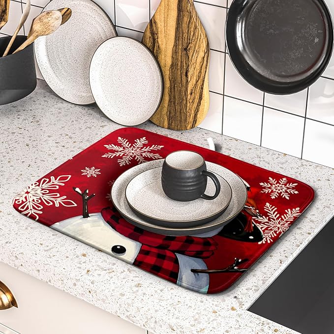 Christmas Snowman Dish Drying Mat for Kitchen Counter 16x18 Xmas Snowflake Winter Holiday Dark Red Absorbent Reversible Microfiber Drying Mats Kitchen Countertop Protector Dishes Drainer Rack Pad - Image 5