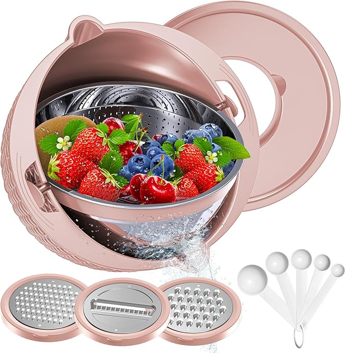 4-1 Colander with Bowl & Spoons Set - Food Strainer with New Upgraded Graters & Spoons - Colanders for kitchen(Patented) - Strainer for Fruit Pasta Veggie, Funny Presents for Women, Pink - Image 8
