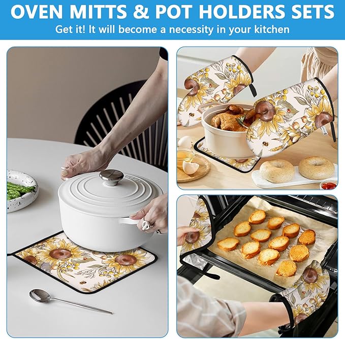Watercolor Sunflower Oven Mitts and Pot Holders Sets Heat Resistant 4Pcs Potholders Oven Gloves Hot Pads for Kitchen Baking Cooking Grilling BBQ