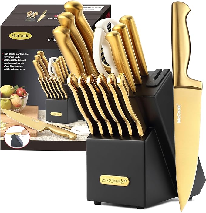 McCook® Knife Sets, Golden Titanium Stainless Steel Kitchen Knife Block Sets with Built-in Sharpener by McCook