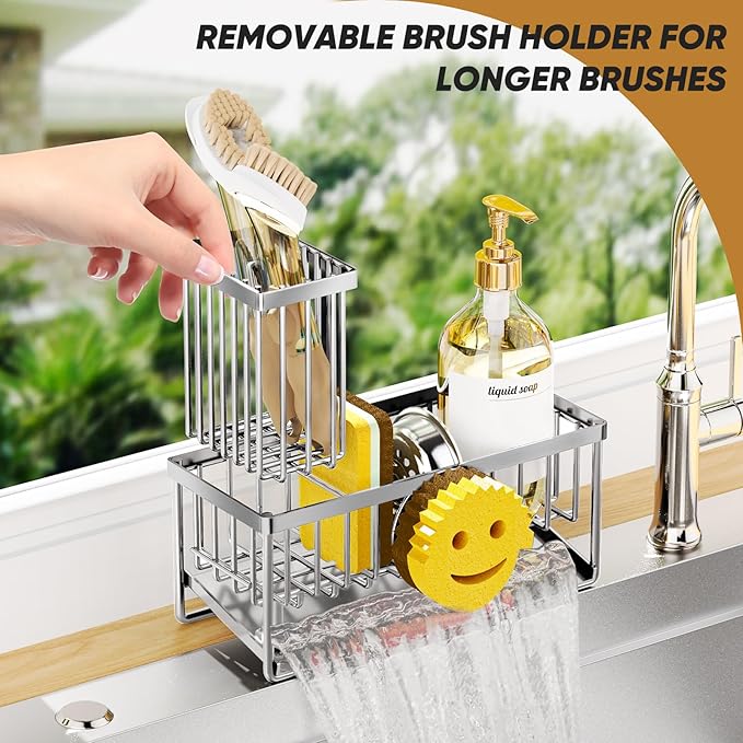 Sponge Holder for Kitchen Sink,Smiley Face Sink Caddy with Removable Brush Holder,Self-Draining Sponge Caddy for Soap,Dish Brush,Scrubber,Kitchen Essentials and Gadgets-Silver - Image 5