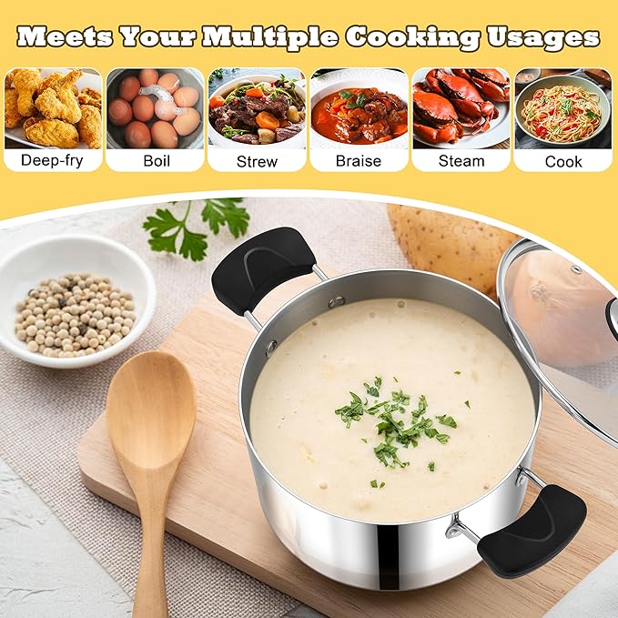 4 Quart 3-Ply Cooking Stock Pot with Lid, P&P CHEF Stainless Steel Large Pot for Pasta Soup, Work on Multi Stove, Heavy Duty & Dishwasher Safe, Dual Heat-resistant Handles & Transparent Glass Lid - Image 5