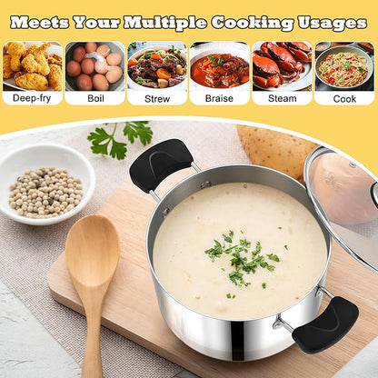 4 Quart 3-Ply Cooking Stock Pot with Lid, P&P CHEF Stainless Steel Large Pot for Pasta Soup, Work on Multi Stove, Heavy Duty & Dishwasher Safe, Dual Heat-resistant Handles & Transparent Glass Lid - Image 5