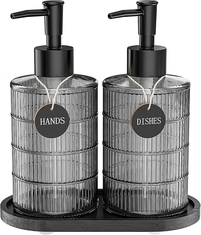 MASADI Soap Dispenser Set with Bamboo Tray, Dish and Hand Soap Lotion Dispenser Set with Wooden Pump for Kitchen and Bathroom Decor for Counter, Modern Vintage Liquid Soap Dispensers (Grey&Black) by masadi