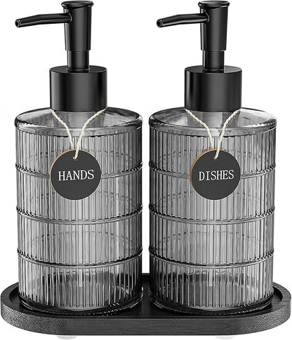MASADI Soap Dispenser Set with Bamboo Tray, Dish and Hand Soap Lotion Dispenser Set with Wooden Pump for Kitchen and Bathroom Decor for Counter, Modern Vintage Liquid Soap Dispensers (Grey&Black) by masadi