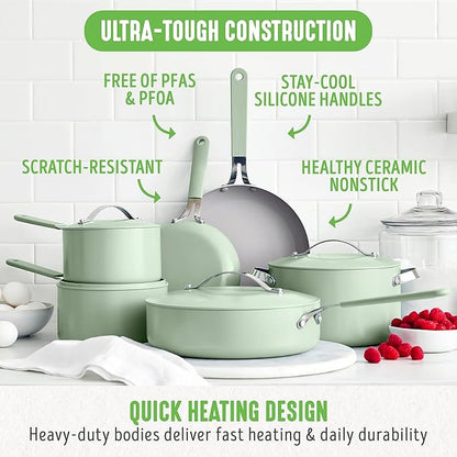 GreenLife 10-Piece Nonstick Ceramic Cookware Set, Lightweight Healthy PFAS-Free Pots & Pans with Lids, Dishwasher & Oven Safe, Durable Body, Silicone Stay-Cool Handles, Easy Release, Sage Green