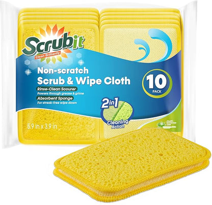 Scrub and Wipe Cleaning Pads [10 Pack] – SCRUBIT Dual Sided Scouring Pad and Sponge - Reusable Kitchen Scrubbing Sponges for Dishes, Pots, Pans Utensils & Non-Stick Cookware (Yellow) by SCRUBIT