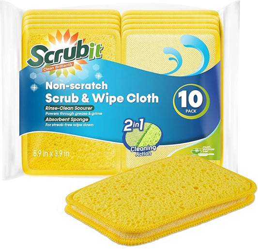 Scrub and Wipe Cleaning Pads [10 Pack] – SCRUBIT Dual Sided Scouring Pad and Sponge - Reusable Kitchen Scrubbing Sponges for Dishes, Pots, Pans Utensils & Non-Stick Cookware (Yellow) by SCRUBIT