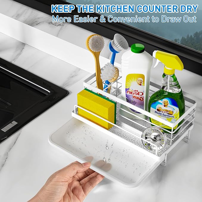 Cisily Sink Caddy Organizer, Kitchen Sink Accessories with Drip Tray, Rustproof and Non-Slip, White - Image 4
