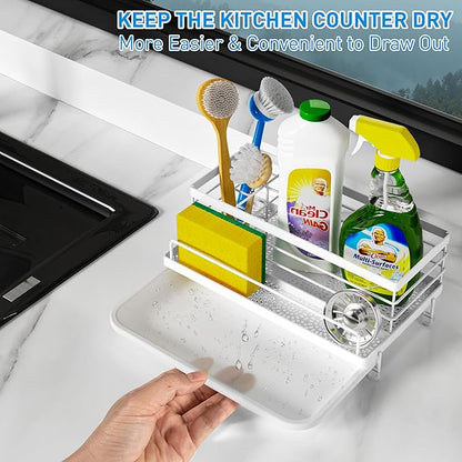 Cisily Sink Caddy Organizer, Kitchen Sink Accessories with Drip Tray, Rustproof and Non-Slip, White - Image 4
