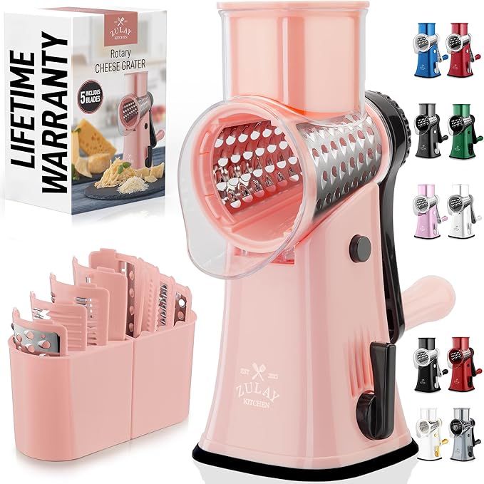 Zulay Kitchen Rotary Cheese Grater 5 Blade Cheese Shredder - Manual Hand Crank Cheese Grater With Reinforced Suction & 5 Interchangeable Drums - Easy to Use, Vegetable Chopper Round Mandoline Slicer by ZulayKitchen