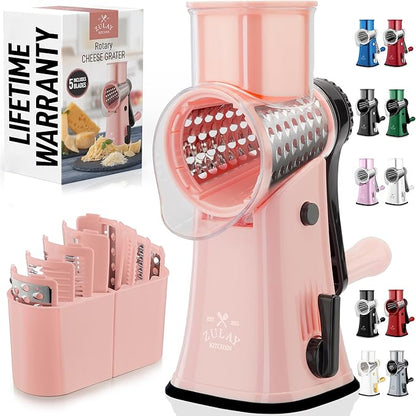 Zulay Kitchen Rotary Cheese Grater 5 Blade Cheese Shredder - Manual Hand Crank Cheese Grater With Reinforced Suction & 5 Interchangeable Drums - Easy to Use, Vegetable Chopper Round Mandoline Slicer by ZulayKitchen