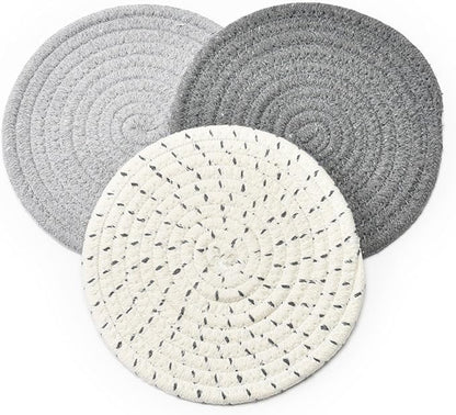 Potholders Set Trivets Set 100% Pure Cotton Thread Weave Hot Pot Holders Set (Set of 3) Stylish Coasters, Hot Pads, Hot Mats,Spoon Rest For Cooking and Baking by Diameter 7 Inches (Gray)