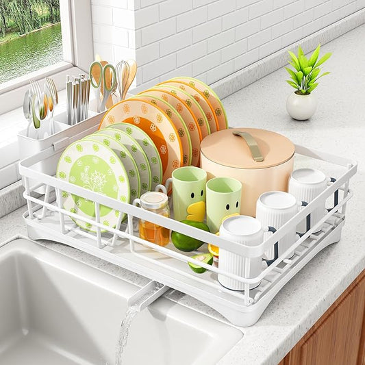 SAYZH Dish Drying Rack - Stainless Steel Dish Rack for Kitchen Counter, Large-Capacity Dish Drainer with Cutlery Holder, Kitchen Organizer for Dishes, Spoons and Forks, White by SAYZH