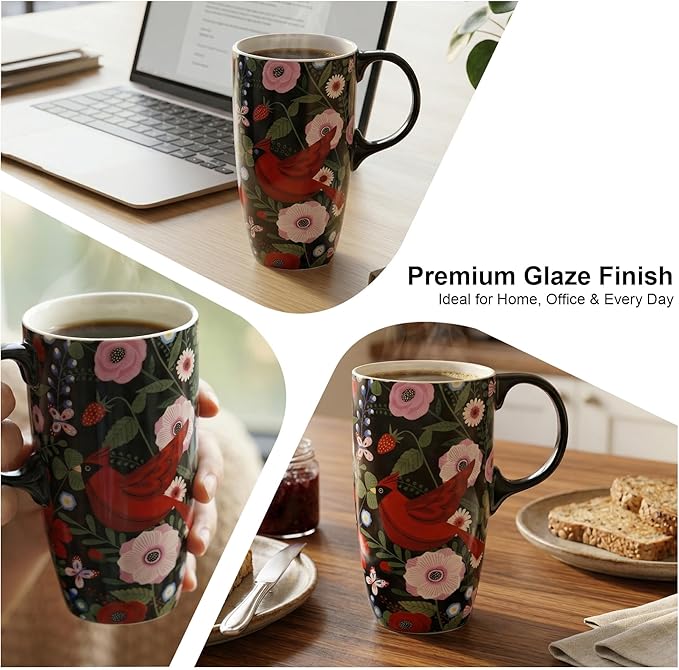 Topadorn Ceramic Coffee Mug, Porcelain Latte Travel Cup with Lid and Handle, Large Coffee Mug for Men Women Office Work, Red Cardinal Birds-17oz