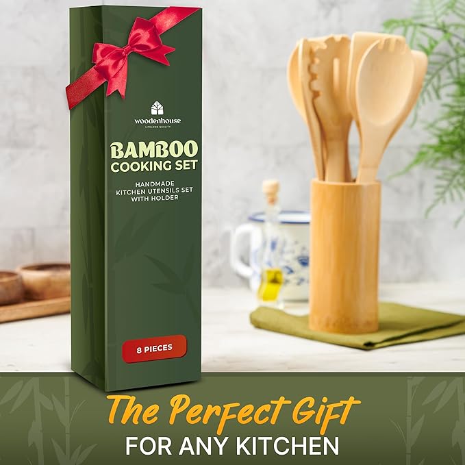 Bamboo Utensils 7 PCs with Holder – Bamboo Cooking Utensils Set + Holder for Nonstick – Wooden Spoon Sets for Cooking – Easy to Clean, Sturdy, Lightweight & Heat Resistant - Image 7