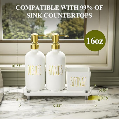 Cisily Kitchen Soap Dispenser Set Comes with Ceramics Sponge Holder, Gold Pumps, and Instant Dry Tray, Hand and Dish Soap Dispenser Set (4, Gold + White + Sponge Holder) - Image 6