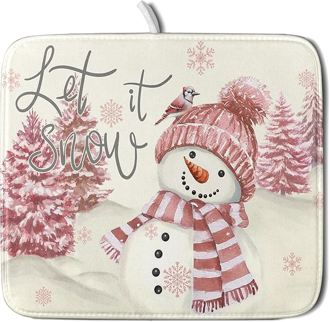 Giwawa Pink Snowman Dish Drying Mat Xmas Trees Bird Winter Snowy Scene Dish Drainer Mats 16"x18" Microfiber Reversible Dish Drying Rack Pad Protector for Kitchen Countertop Decor