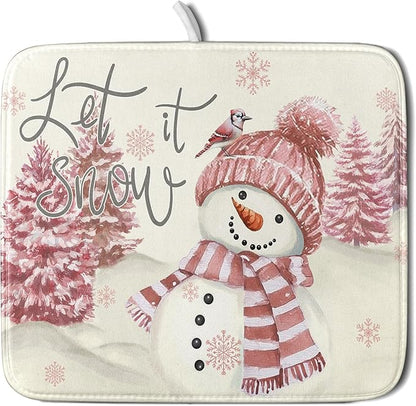 Giwawa Pink Snowman Dish Drying Mat Xmas Trees Bird Winter Snowy Scene Dish Drainer Mats 16"x18" Microfiber Reversible Dish Drying Rack Pad Protector for Kitchen Countertop Decor