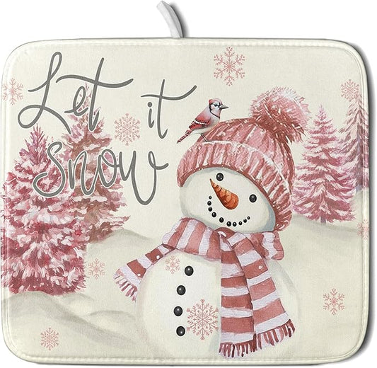 Giwawa Pink Snowman Dish Drying Mat Xmas Trees Bird Winter Snowy Scene Dish Drainer Mats 16"x18" Microfiber Reversible Dish Drying Rack Pad Protector for Kitchen Countertop Decor
