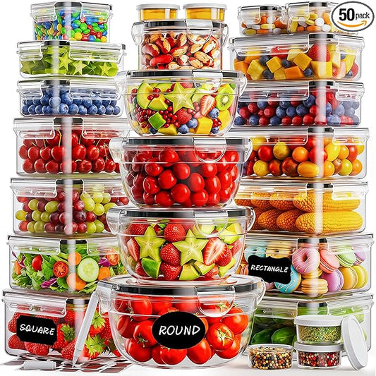 50 PCS Food Storage Containers with Lids (25 Containers & 25 Lids) - Reusable Plastic Food Containers for Kitchen Storage and Organization BPA-Free Leakproof Meal Prep Container with Labels & Pen by TOPCHASE