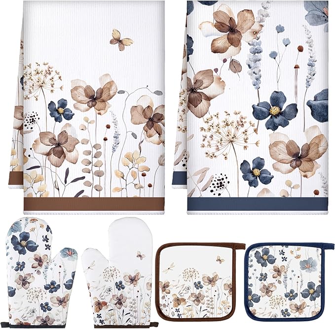 Teenyyou 6 Pcs Spring Brown Poppy Floral Kitchen Towels Oven Mitts and Pot Holder Sets Farmhouse Summer Wildflower Decoration for Home Cleaning Daily Kitchen Cooking Baking Grilling Gifts for Mother by Teenyyou