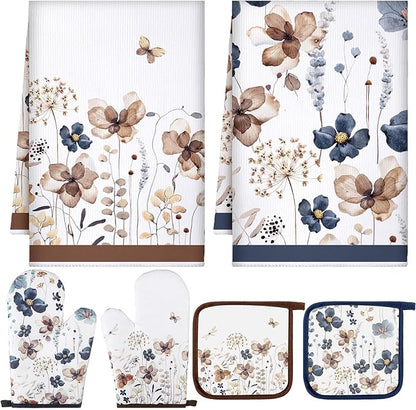 Teenyyou 6 Pcs Spring Brown Poppy Floral Kitchen Towels Oven Mitts and Pot Holder Sets Farmhouse Summer Wildflower Decoration for Home Cleaning Daily Kitchen Cooking Baking Grilling Gifts for Mother by Teenyyou