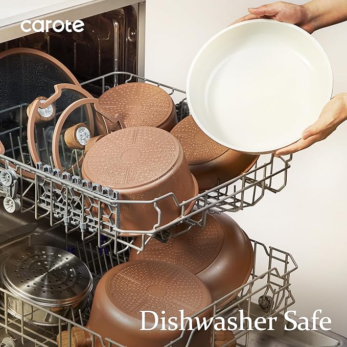 CAROTE 25-Piece Ceramic Cookware Set, Nonstick Pots and Pans Set with Detachable Handle, Non-Toxic Kitchen Cooking Set, Dishwasher & Oven Safe, Induction Compatible, PFAS Free, Chocolate - Image 7