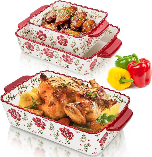 Coloch 3 Pack Ceramic Baking Dishes, Rectangular Bakeware Set Hand-painted Lasagna Pan Porcelain Serving Bakeware for Pasta, Chicken, Kitchen, Banquet, Microwave and Dishwasher Safe by Coloch