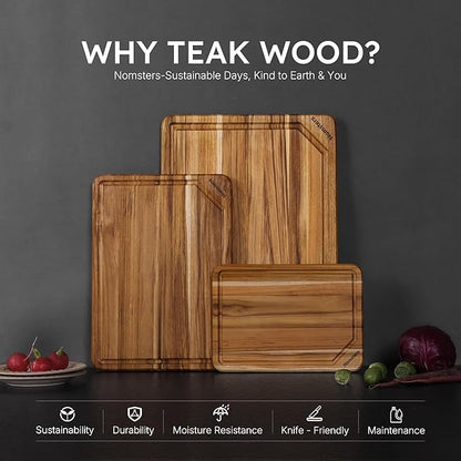 3 Pack Teak Wood Cutting Board Set for Kitchen High-End Non Toxic Non Slip Over Sink Solid Thick Wood Haus Chopping Board Extra Large Big Small Best Kitchen Essential House Warming Hostess Host Gift - Image 3