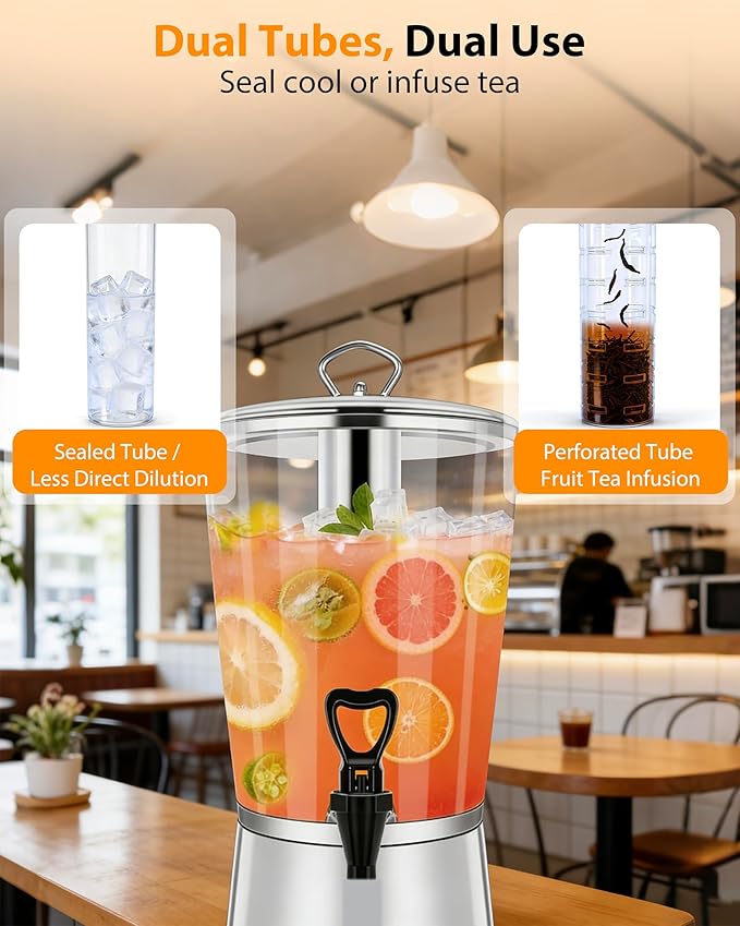 Beverage Dispenser with Stand, 2.5 Gallon Drink Dispenser for Parties,Events,Buffet &Self-Serve,Dual Ice Tube Core Fruit Infuser,Leakproof Spigot,Clear PC Container, Stainless Steel Lid&Base - Image 3