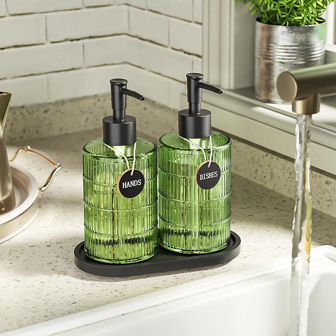 MASADI Soap Dispenser Set with Bamboo Tray, Dish and Hand Soap Lotion Dispenser Set with Wooden Pump for Kitchen and Bathroom Decor for Counter, Modern Vintage Liquid Soap Dispensers (Green&Black) - Image 5