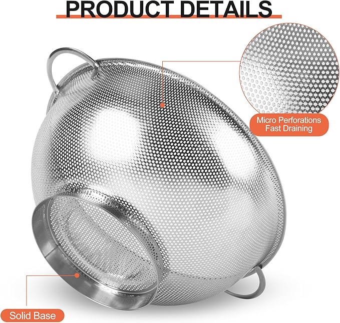 Kaishun Colander Stainless Steel 3-Quart, Strainer for Kitchen Food, Dishwasher Safe