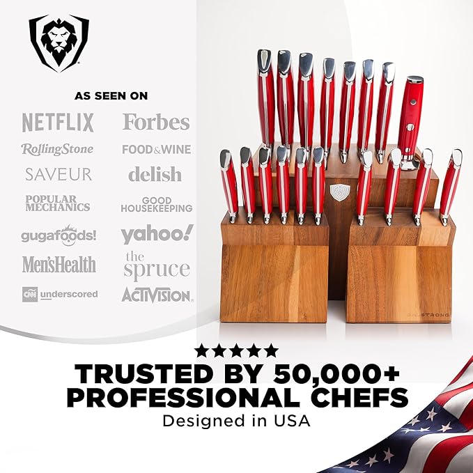 Dalstrong 18-Piece Gladiator Colossal Knife Block Set (Red Handles) — German High-Carbon Steel, Full-Tang, Hand-Sharpened — For Home Chefs, Wedding Registries & Serious Kitchens — Acacia Block, NSF - Image 6