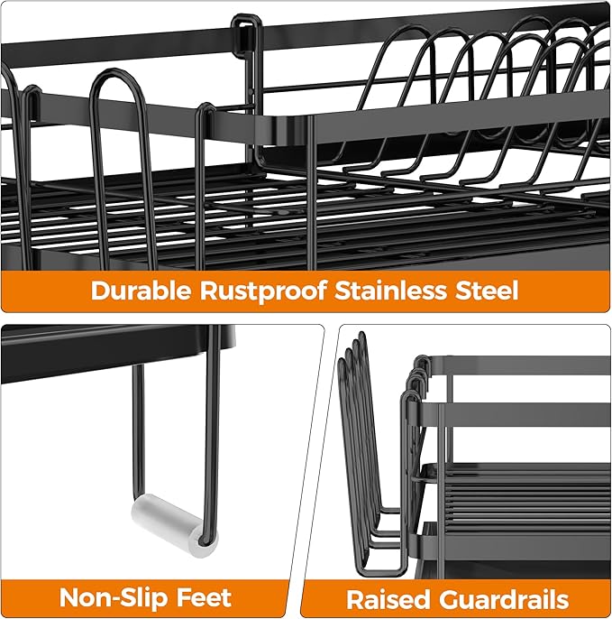 Delamu Stainless Steel Dish Drying Rack, Expandable Dish Drainer, Anti-Rust Large Dish Racks for Kitchen Counter, Dish Strainers with Drainboard, Utensil & Cup Holder, 13.4"-28.7" L x 11.8" W, Black - Image 4