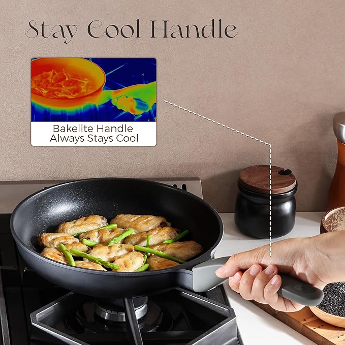 PRICUSIS Nonstick Frying Pan, 8/10/12 Inch Skillet with Stay Cool Handle, Fully Coated, Induction Compatible & Oven Safe, 100% Dishwasher Safe, PFOA Free（10 Inch, Black Sesame）