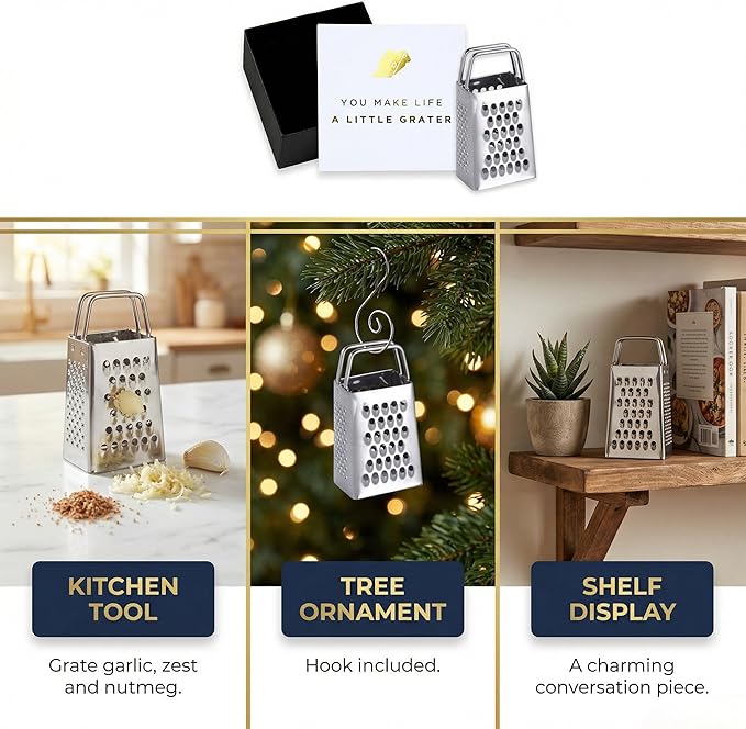 Mini Cheese Grater Gift Set - Funny Chef Gift, Friends, Coworkers, or Foodies | “You Make Life a Little Grater” Card, Mini Grater & Gift Box | Stainless Steel Small Grater Kitchen Tool