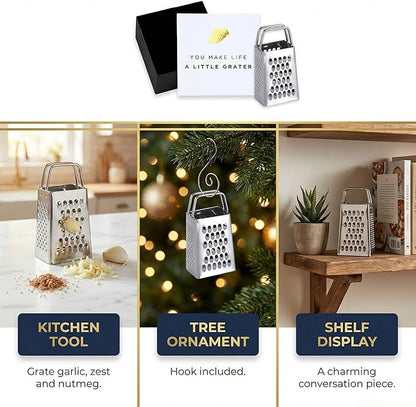 Mini Cheese Grater Gift Set - Funny Chef Gift, Friends, Coworkers, or Foodies | “You Make Life a Little Grater” Card, Mini Grater & Gift Box | Stainless Steel Small Grater Kitchen Tool