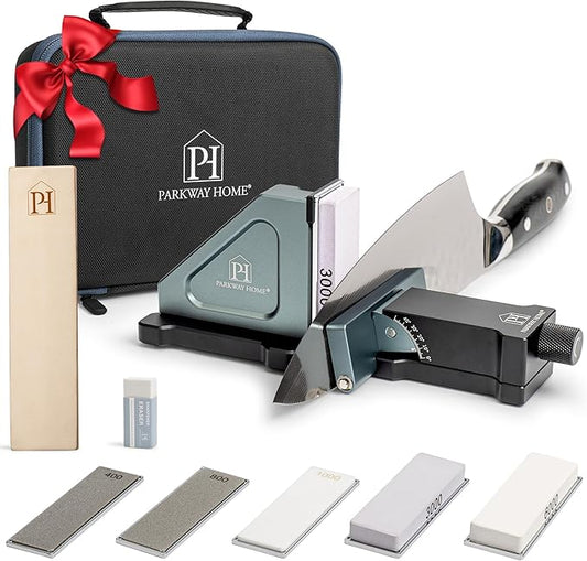 PATENTED ORIGINAL ADJUSTABLE ROLLING KNIFE SHARPENER KIT: Adjustable Height, 30 Angle Options, 5 Removeable Whetstone Plates, Leather Strop with Travel Case - Kitchen Knife Sharpener by ParkwayHome